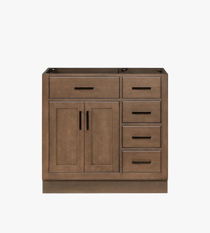 ARIEL Hepburn 36-inch Bathroom Vanity Base Cabinet,Solid Wood, 2 Soft Closing Doors, 5 Dovetail Drawers, Brown Oak