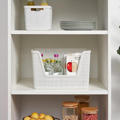 Curver Set of 4 Large 18L Easy Access Jute Decorative Plastic Organization and Storage Baskets - Perfect Bins for Home Office, Closet Shelves, Kitchen Pantry and All Bedroom Essentials, White