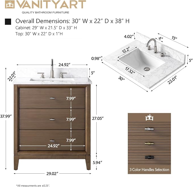 Vanity Art 30" Bathroom Vanity with Single Sink & Arabescato White Engineered Stone Top, Vanity Cabinet with Soft Closing Door, Solid Wood Frame, Golden Brushed Handles, Walnut VA8130-Walnut-GB