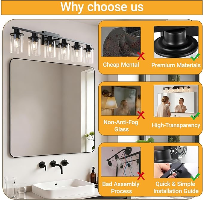LOUSACE 6 Light Bathroom Vanity Light, Matte Black Bathroom Light Fixtures, Modern Bathroom Lights Over Mirror with Clear Glass Shade, Wall Sconce Lighting for Bathroom Mirror