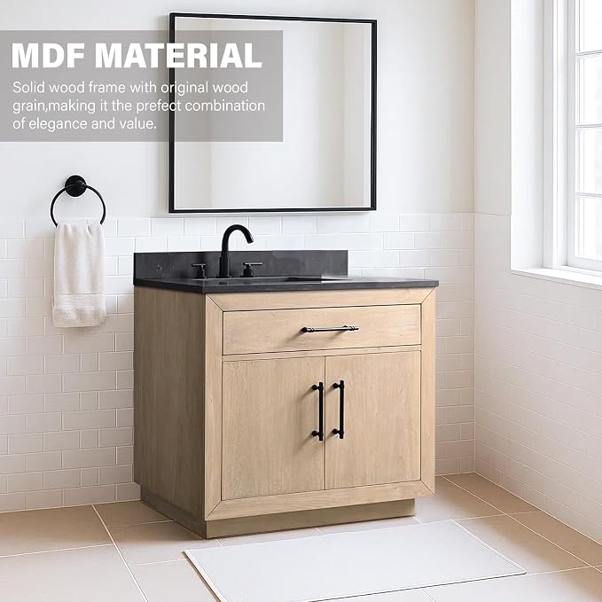 36 Inch Bathroom Vanity with Single Sink & Black Ceramic Top, MDF Material Vanity Cabinet with Basin Combo, Soft-Closing Doors, Removable Shelf, Backsplash