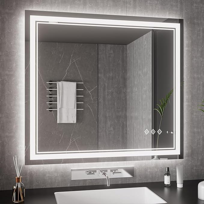 Bathroom Mirrors for Wall, 40x36 Inch Gradient Front and Backlight Lighted Mirror, 3 Colors Dimmable CRI>90 Double Lights, IP54 Enhanced Anti-Fog, Hanging Plates Wall Mount Smart Mirror