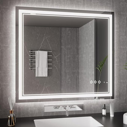 Bathroom Mirrors for Wall, 40x36 Inch Gradient Front and Backlight Lighted Mirror, 3 Colors Dimmable CRI>90 Double Lights, IP54 Enhanced Anti-Fog, Hanging Plates Wall Mount Smart Mirror
