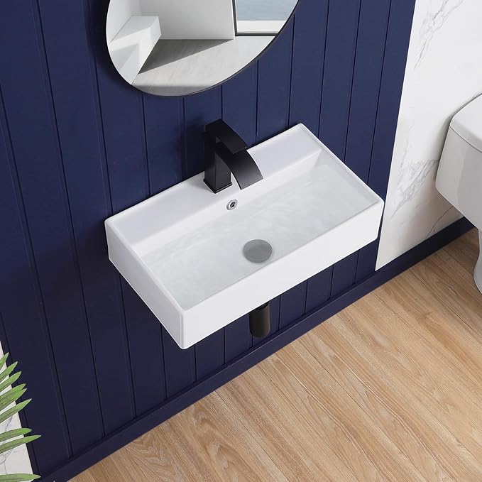 Wall Mount Bathroom Sink 22"x12" Small Vessel Sink Wall Mounted Rectangular Wall Hung Mini White Porcelain Ceramic Floating Tiny Sink with Overflow, Durable, Space-Saving, Ideal for Home,RV