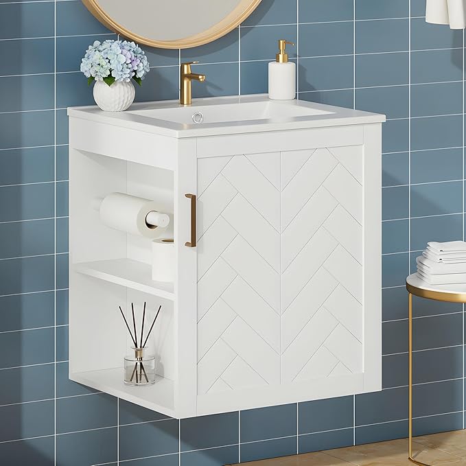Merax Herringbone Single Sink Bathroom Vanity, Floating 20" Modern Bathroom Vanity Cabinet with Side Storage, Toilet Paper Holder, Solid Wood Cleat Wall Mount