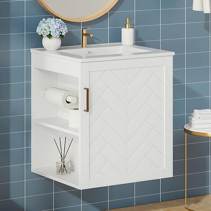 Merax Herringbone Single Sink Bathroom Vanity, Floating 20" Modern Bathroom Vanity Cabinet with Side Storage, Toilet Paper Holder, Solid Wood Cleat Wall Mount