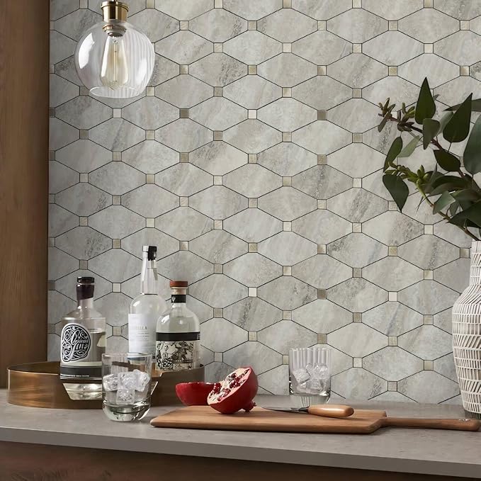 STICKGOO 10 Sheets Peel and Stick Backsplash, Beige | Stick on Mosaic Tiles, Matte PVC Mixed Metal Gold, Self Adhesive Tiles for Kitchen, Fireplace, RV