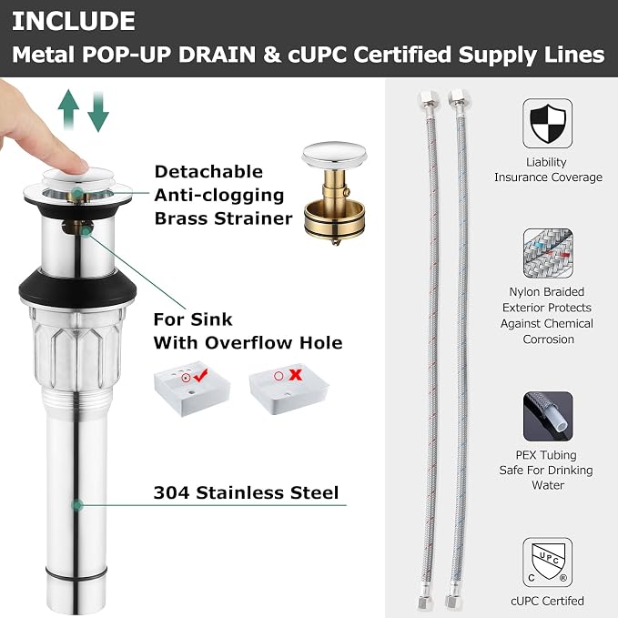 Bathroom Sink Faucet 8 Inch Widespread for Vanity, Chrome | Mid Arc Brass Spout, 2 Handle Lead-Free Bathroom Faucet with Metal Pop Up Drain Supply Lines for 3 Hole Lavatory Utility Sink