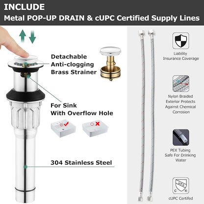 Bathroom Sink Faucet 8 Inch Widespread for Vanity, Chrome | Mid Arc Brass Spout, 2 Handle Lead-Free Bathroom Faucet with Metal Pop Up Drain Supply Lines for 3 Hole Lavatory Utility Sink