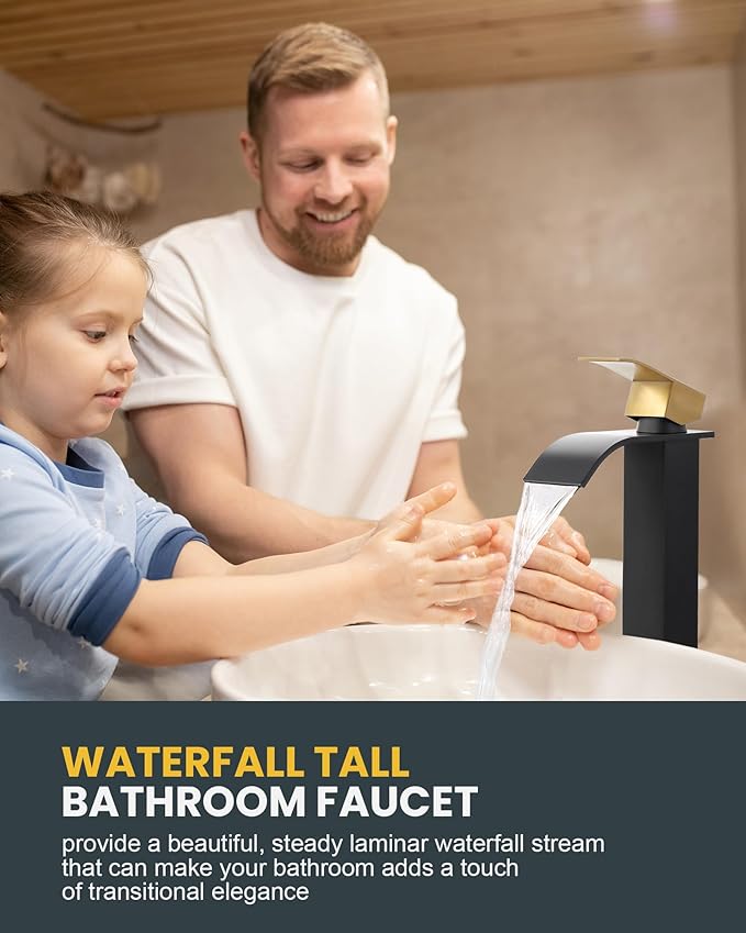 Vessel Sink Faucet Black and Gold: ARCORA Single Hole Tall Waterfall Bathroom Faucet, Single Handle Lavatory Vanity Tap with Pop Up Drain and cUPC Supply Lines