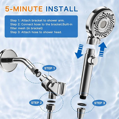 Shower Head with Handheld with 5 Spray Modes and Detachable Power Wash, High Pressure Shower Head with ON/OFF Switch for Pets, Clean Tub, Shower Heads with Stainless Steel Hose