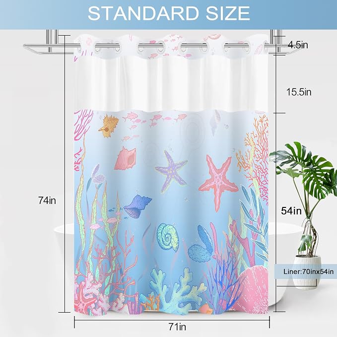 No Hook Shower Curtain and Liner Set, Blue Pink Beach Coastal 71x74 | Nautical Ocean for Bathroom, with Snap in Liner Replacement, Mesh Top Window, Waterproof, Machine Washable, Quick-Drying
