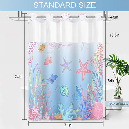 No Hook Shower Curtain and Liner Set, Blue Pink Beach Coastal 71x74 | Nautical Ocean for Bathroom, with Snap in Liner Replacement, Mesh Top Window, Waterproof, Machine Washable, Quick-Drying