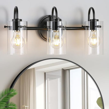 3 Lights Vanity Lights, Matte Black Bathroom Wall Light Fixtures over Mirror, Modern Wall Sconce with Clear Glass Shade, Farmhouse Wall Mount Porch Wall Lamp for Mirror, Kitchen, Living Room, Workshop