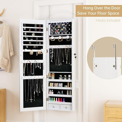 Jewelry Armoire Door Wall Mounted Mirror with Storage And Drawers | 47.3"LED Jewelry Cabinet with Mirror with Storage And Drawers White