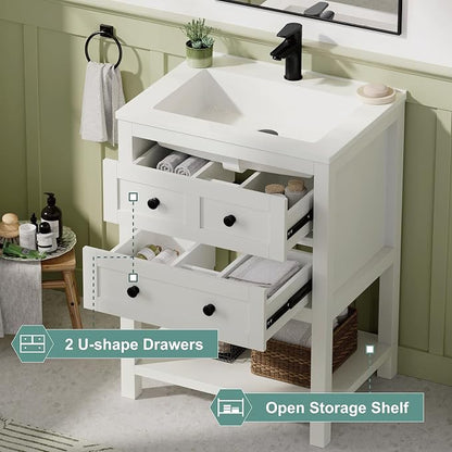 24 Inch Farmhouse Bathroom Vanity with Sink, White | Durable SMC integrated sink with 2 soft-close drawers, open shelf storage and adjustable feet, ideal for small bathrooms