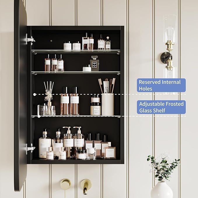 Bathroom Wood Black Cabinet with 20''x30'' Curved Mirror, Recessed Medicine Cabinet, Bathroom Storage Cabinet