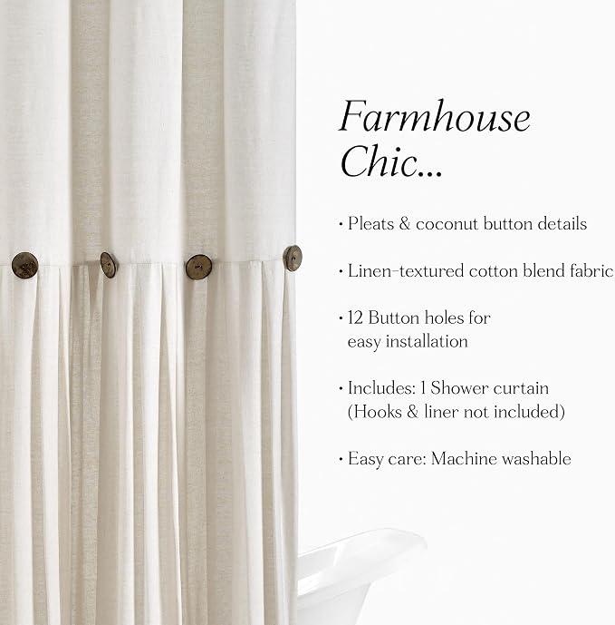 Lush Decor Linen Button Shower Curtain, 72" W x 78" L, Off White - Extra Long Shower Curtains - White Shower Curtain Fabric - Farmhouse Bathroom Decor