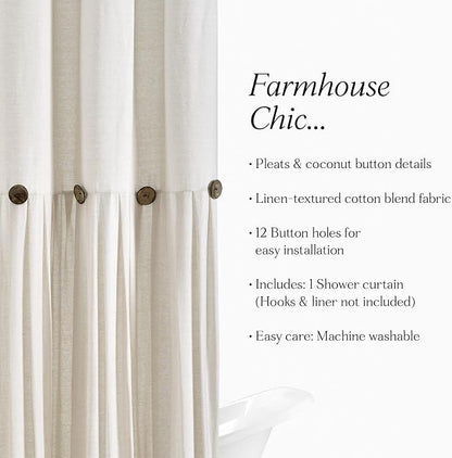 Lush Decor Linen Button Shower Curtain, 72" W x 78" L, Off White - Extra Long Shower Curtains - White Shower Curtain Fabric - Farmhouse Bathroom Decor