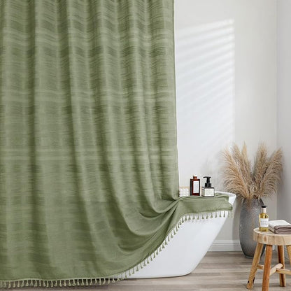 Sage Green Shower Curtain for Bathroom, Boho Linen Textured Shower Curtain with Tassel, Rustic Striped Heavy Duty Vintage Country Bathroom Curtain, 72Wx72L Inches