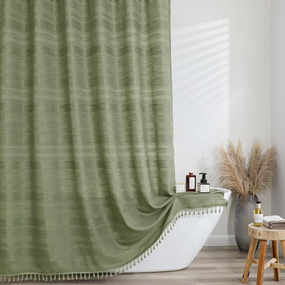 Extra Long Sage Green Shower Curtain 96 Inch Long, Boho Linen Textured Soft Fabric Heavy Duty Cloth Bathroom Shower Curtain with Tassel, Tall Farmhouse Luxury Bath Decor, 72Wx96L Inches