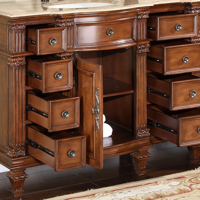 HYP-0722-T-UIC-72 Travertine Stone Top Double Sink Bathroom Vanity with Furniture Bath Cabinet, 72", Medium Wood