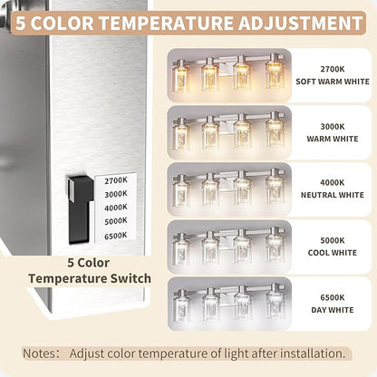Quntis Brush Nickle Bathroom Lighting Fixtures with 5 Color Mode, 4-Light Dimmable Modern Bathroom Vanity Light Over Mirror, 28 Watt Eye Protection LED Wall Lamp 27 Inch (UL Certified, Bulbs Included)
