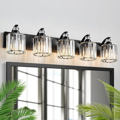 5-Light Black Bathroom Light Fixture Modern Vanity Lights Over Mirror Vintage Wall Sconce Lighting for Bathroom, Bedroom, Living Room, Hallway E26 Base with Crystal Bathroom Vanity Light