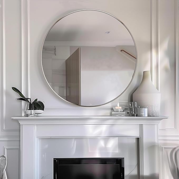 Circle Mirror 26 inch, Chrome Wall Mirror, Brushed Metal Frame | High Definition Mirror, Easy installation, Rust-resistant, Suitable for Bedroom, Entryway, Living Room, Hallway, Wall Décor
