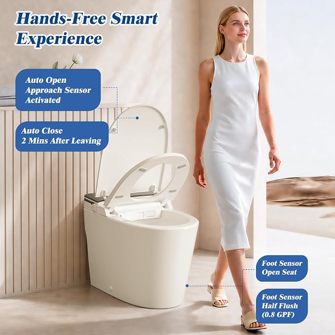 Smart Toilet with Bidet Built-In, Auto Flush, Auto Open/Close Lid, Foot Sensor, Heated Seat, Warm Water Wash, Warm Air Dryer, Deodorizer, Night Light, Remote Control (Gray)