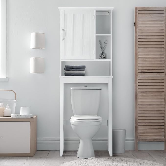 Teamson Home Newport Contemporary Wooden Over-The-Toilet Storage Bathroom Etagere Cabinet with Shelves, White | Contemporary, Wooden, With Shelves