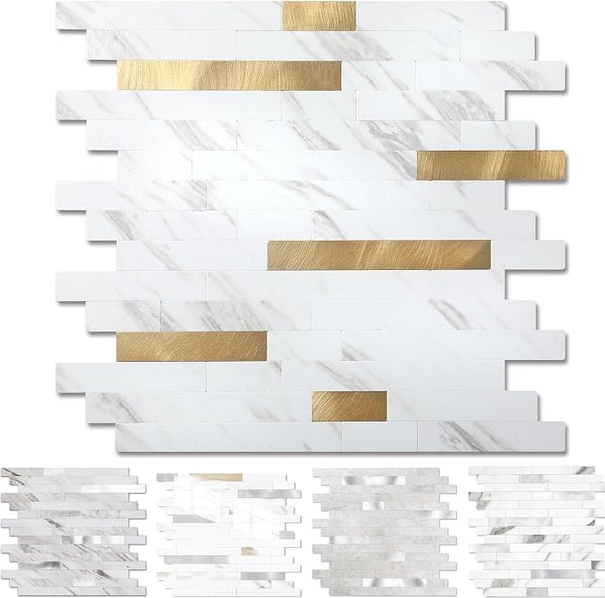 Yipscazo 5 Sheets Peel and Stick Stone Metal Tile Backsplash, Stick on Tiles for Backsplash Kitchen, Bathroom, Laundry Room, Camper, Fireplace (12'' X 12'', White Stone with Gold)