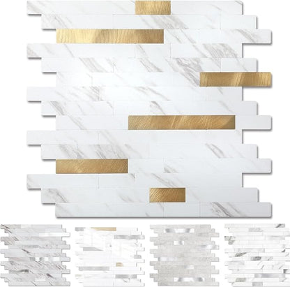 Yipscazo 5 Sheets Peel and Stick Stone Metal Tile Backsplash, Stick on Tiles for Backsplash Kitchen, Bathroom, Laundry Room, Camper, Fireplace (12'' X 12'', White Stone with Gold)