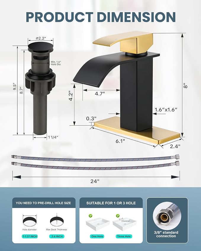 Black and Gold Bathroom Faucet, ARCORA Waterfall Faucet for Bathroom Sink Single Handle Mixer Tap Lavatory Vanity Faucet with Deck Plate and Pop Up Drain, 1 or 3 Hole