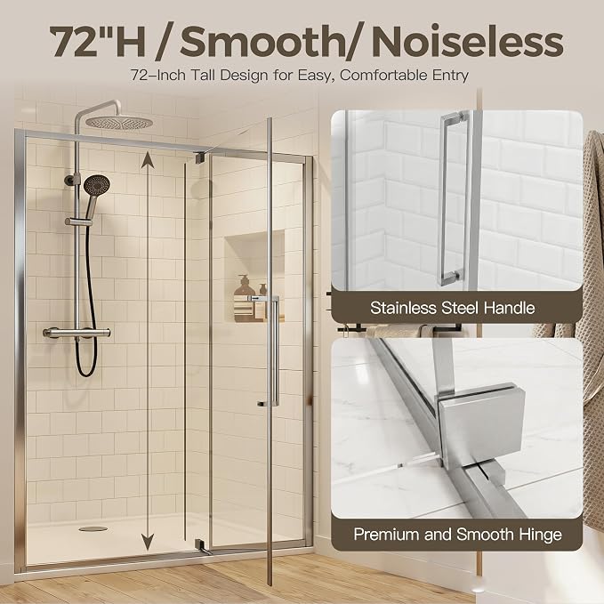 56-60" W x 72" H Semi-Frameless Pivot Swing Shower Doors, Chrome Finish | 1/4" (6mm) Clear SGCC Tempered Glass with a 24.8" walk-in opening, Reversible Installation, Magnetic Closing