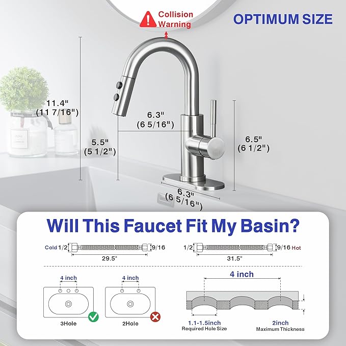 Bathroom Faucet with Sprayer, Brushed Nickel Single Hole with Pop-Up Drain | Kablle Single Handle Pull Out 1 or 3 Hole Laundry Bar Basin Faucet with Deck Plate, KBL-7002BN-CL
