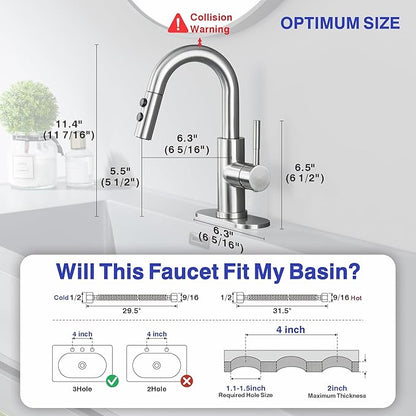 Bathroom Faucet with Sprayer, Brushed Nickel Single Hole with Pop-Up Drain | Kablle Single Handle Pull Out 1 or 3 Hole Laundry Bar Basin Faucet with Deck Plate, KBL-7002BN-CL