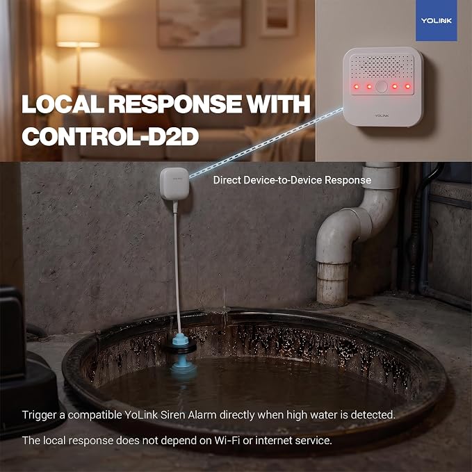 YoLink LoRa Smart Water Level Monitoring Sensor, Wireless Battery-Powered Float Switch Alarm, Sump Pump Alarm, AC Condensate Overflow, Tank Level, Toilet Leak Sensor, 105dB Siren, YoLink Hub Required