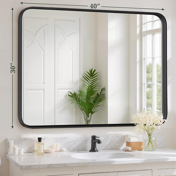 Bathroom Mirror 40x30 Inch Black Metal Frame Rectangle Vanity Mirror | Modern Wall Mounted Anti-Rust Mirror with Rounded Corners for Farmhouse, Restroom, Entryway, Horizontal or Vertical Hanging