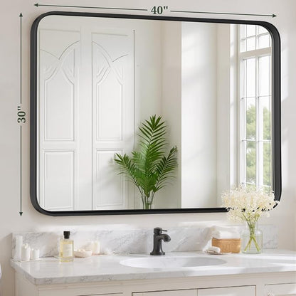 Bathroom Mirror 40x30 Inch Black Metal Frame Rectangle Vanity Mirror | Modern Wall Mounted Anti-Rust Mirror with Rounded Corners for Farmhouse, Restroom, Entryway, Horizontal or Vertical Hanging
