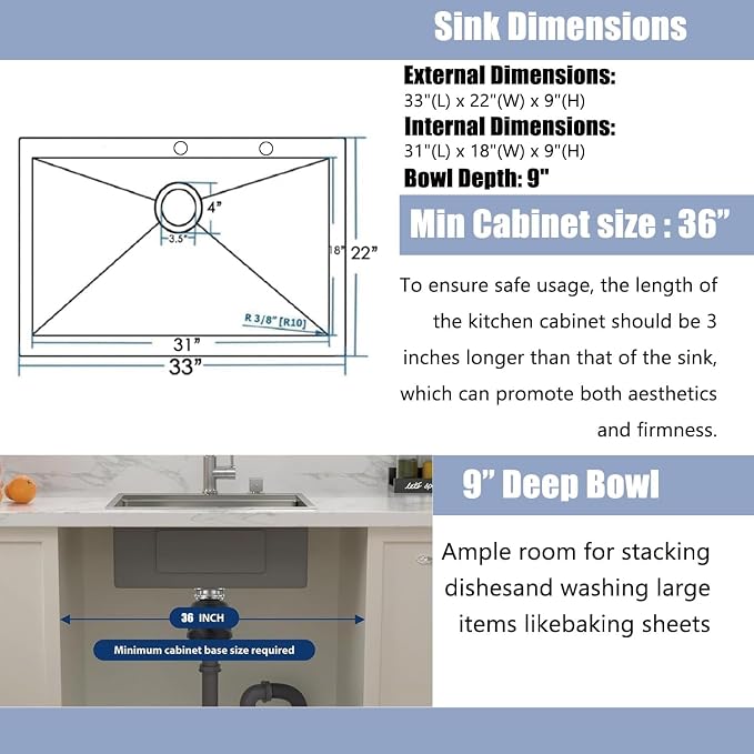 33x22 Inch Drop In Kitchen Sink, Topmount Stainless Steel Brushed Nickel Single Bowl Kitchen Sink, Extra-thick 16 Gauge For RV Laundry Utility with Dish Grid and Basket Strainer YSD013
