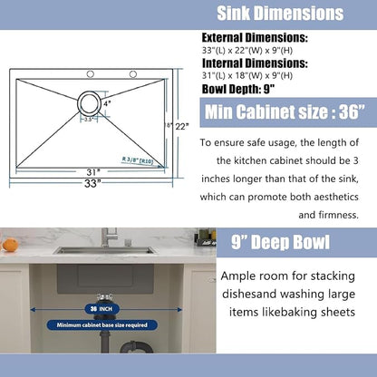 33x22 Inch Drop In Kitchen Sink, Topmount Stainless Steel Brushed Nickel Single Bowl Kitchen Sink, Extra-thick 16 Gauge For RV Laundry Utility with Dish Grid and Basket Strainer YSD013