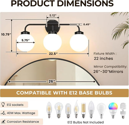 Modern Matte Black Bathroom Light Fixtures, 3-Light Vanity Lights Wall Sconce with Globe Milky White Glass Shade Over Mirror for Bathroom Hallway Living Room Bedroom
