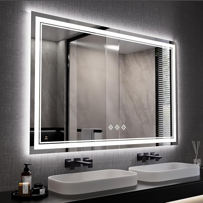 LED Mirror, 55x36 Inch Gradient Front and Backlit Lighted Bathroom Mirror, 3 Colors Dimmable CRI>90 Double Lights, IP54 Enhanced Anti-Fog, Hanging Plates Wall Mount Bathroom Mirror