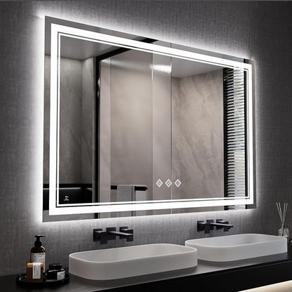 LED Mirror, 55x36 Inch Gradient Front and Backlit Lighted Bathroom Mirror, 3 Colors Dimmable CRI>90 Double Lights, IP54 Enhanced Anti-Fog, Hanging Plates Wall Mount Bathroom Mirror
