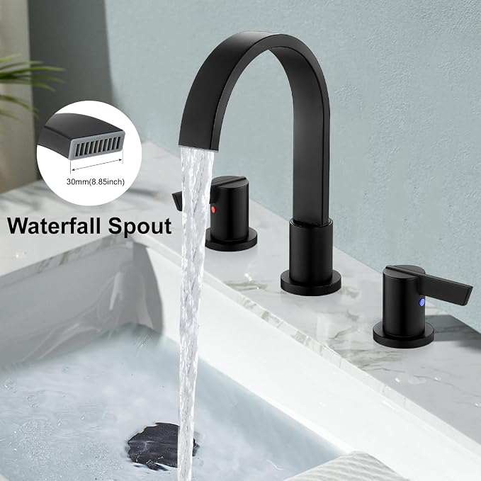 Midanya 8 Inch Widespread Bathroom Sink Faucet 3 Hole,Matte Black | Waterfall Swivel Spout,2 Handle,SUS304,with Pop Up Drain,cUPC 24" Water Hose,for 6-16” hole distance vanity,RV,Farmhouse Sink