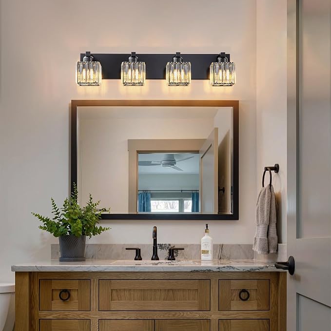 Black Bathroom Light Fixtures, 4-Light Modern Bathroom Vanity Lights Over Mirror, Wall Light Fixtures with Square Shade