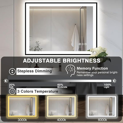 EchosLife 44x36 LED Light Mirror for Bathroom - Black Framed Mirror | Black Frame, Front and Backlit, Anti-Fog, Stepless Dimmable, 3 Colors, Memory, Tempered Glass, UL Listed, Horizontal/Vertical