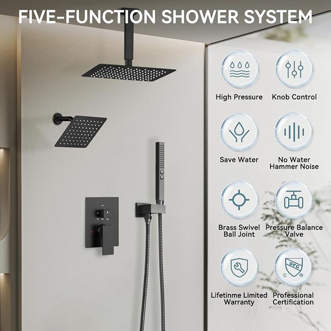 Shower Systems Shower Faucet Sets,Bostingner Five Function Diverter Dual Head Shower Set,12'' Ceiling Mount and 6’‘ Wall Mount Rainfall Shower System with 2 in 1 Handheld Spray Matte Black