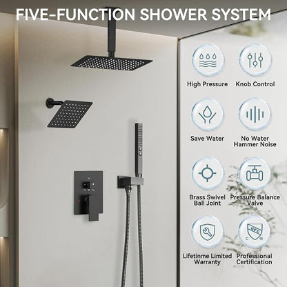 Shower Systems Shower Faucet Sets,Bostingner Five Function Diverter Dual Head Shower Set,12'' Ceiling Mount and 6’‘ Wall Mount Rainfall Shower System with 2 in 1 Handheld Spray Matte Black